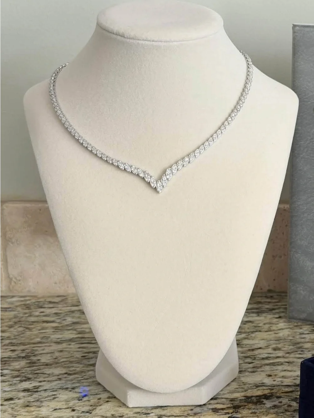 Marquise V-Front Necklace in Silver Tone with Clear Stones